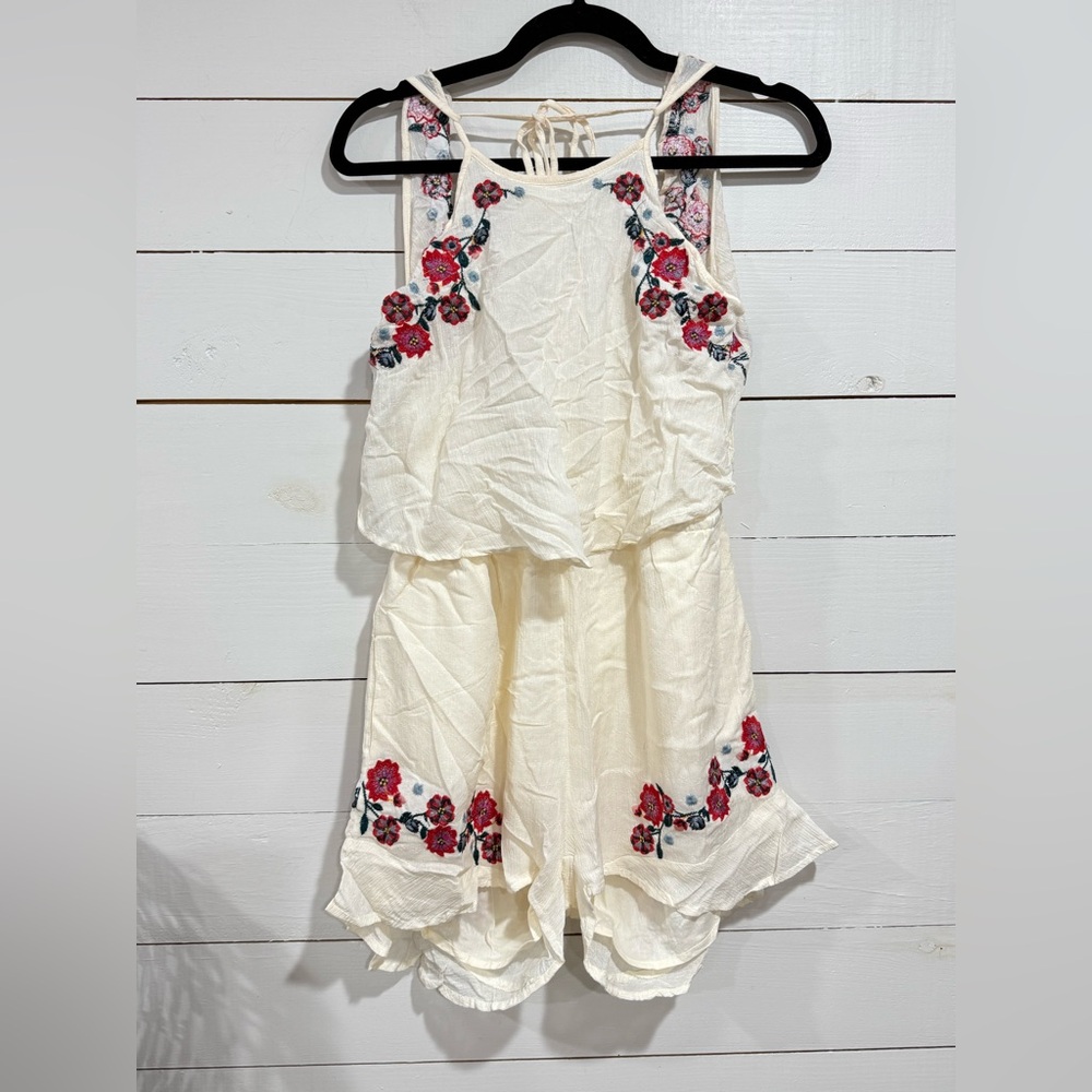 New! Anthropologie ILLA ILLA Cream Romper with Red Floral Embroidery
